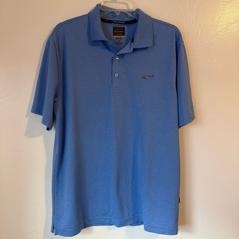 Men's Greg Norman Five Iron Play Dry Blue Golf Polo Shirt Size Medium